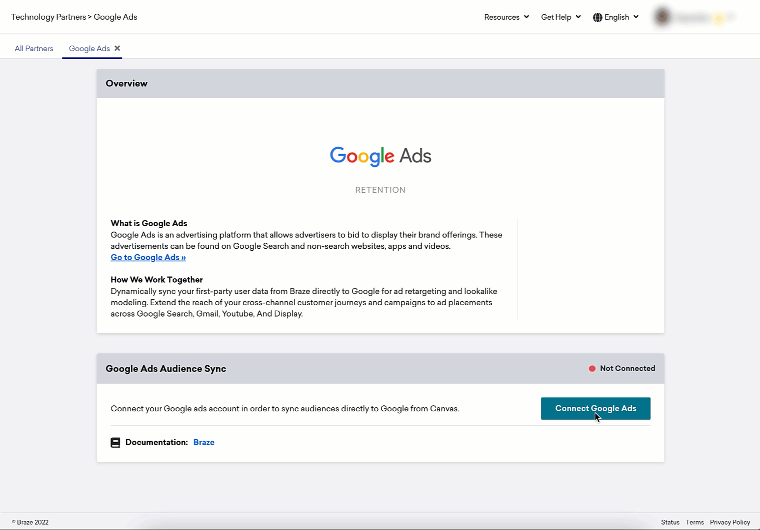A GIF that shows the workflow of a successful Google Ads account connection to Braze.