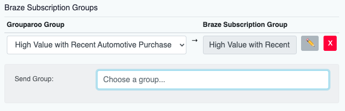 Under "Braze Subscription Groups" in the Grouparoo destination configuration window, the "High value with recent automotive purchase" Grouparoo group will be added to the "High value with recent automotive purchase" Braze subscription group.
