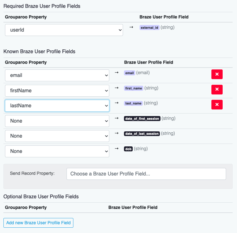 Example property mapping fields. Grouparoo userID is set to map to external_id. email, firstName, and lastName are set as equivalent "email", "first_name", and "last_name" grouparoo fields.