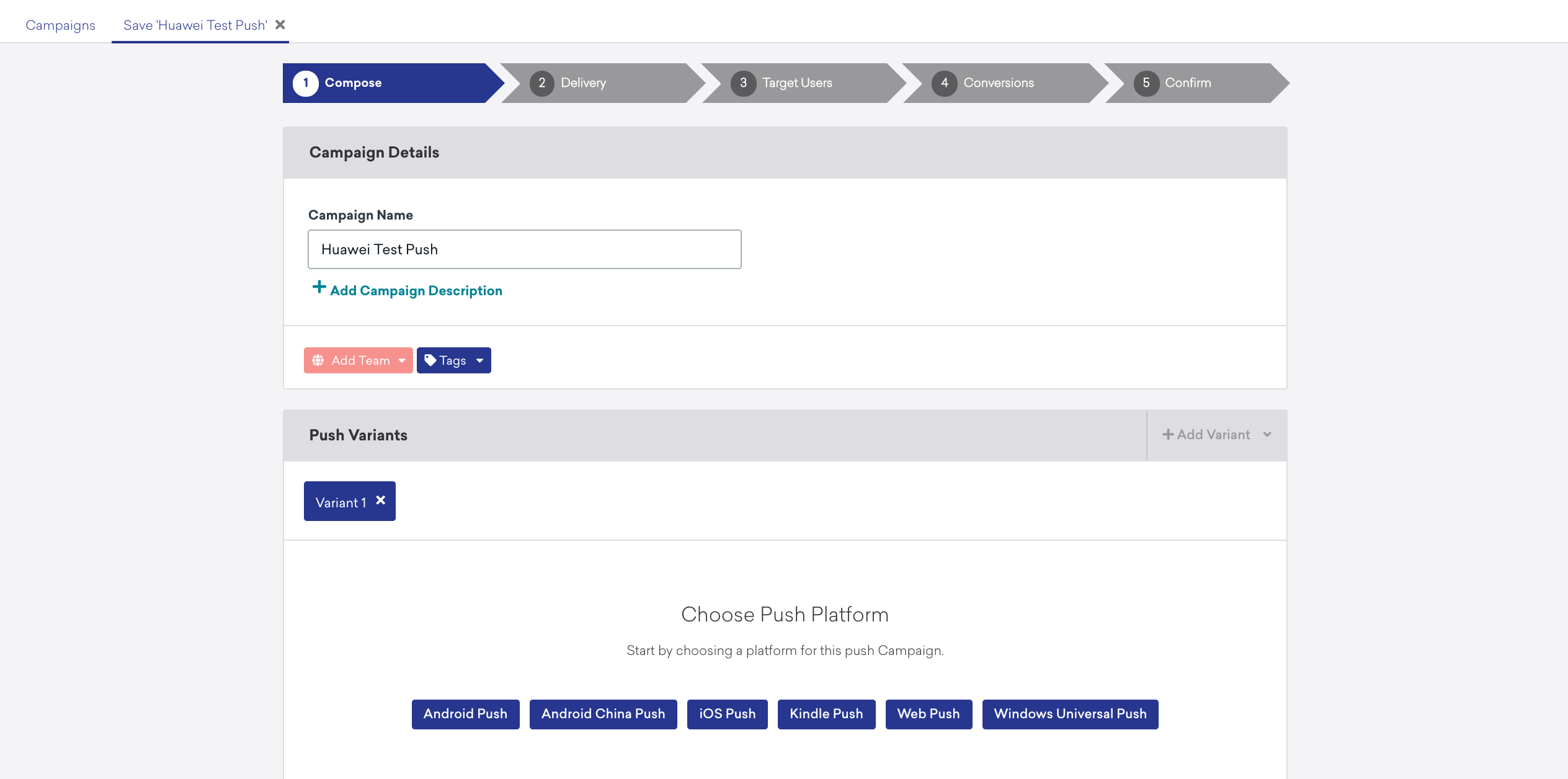 The campaign creation composer displaying the available push platforms.