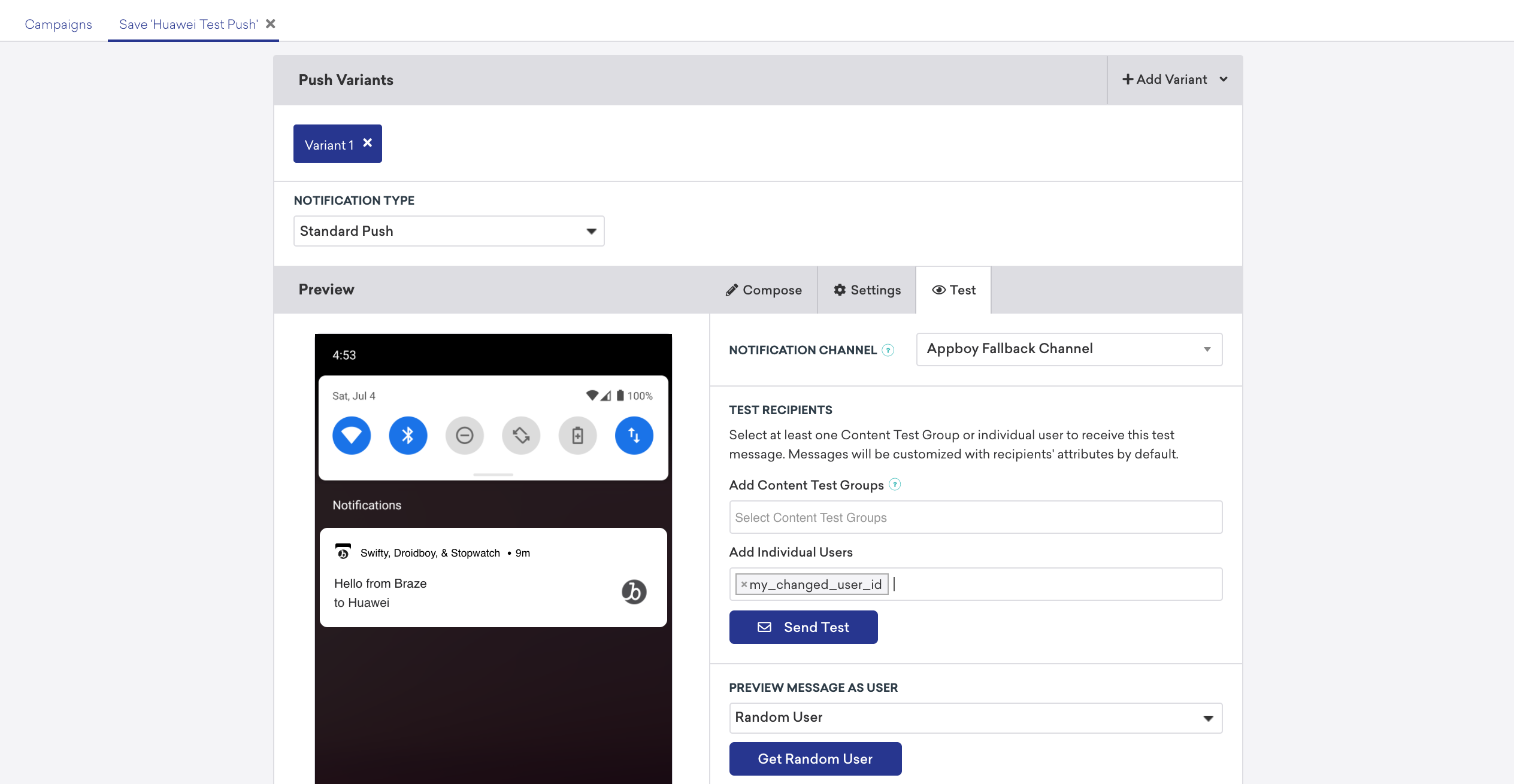 The test tab in the campaign creation composer shows you can send a test message to yourself by providing your user ID and entering it into the "Add Individual Users" field.