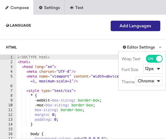 Syntax highlighting options in the "Editor Settings" dropdown when composing an HTML in-app message.