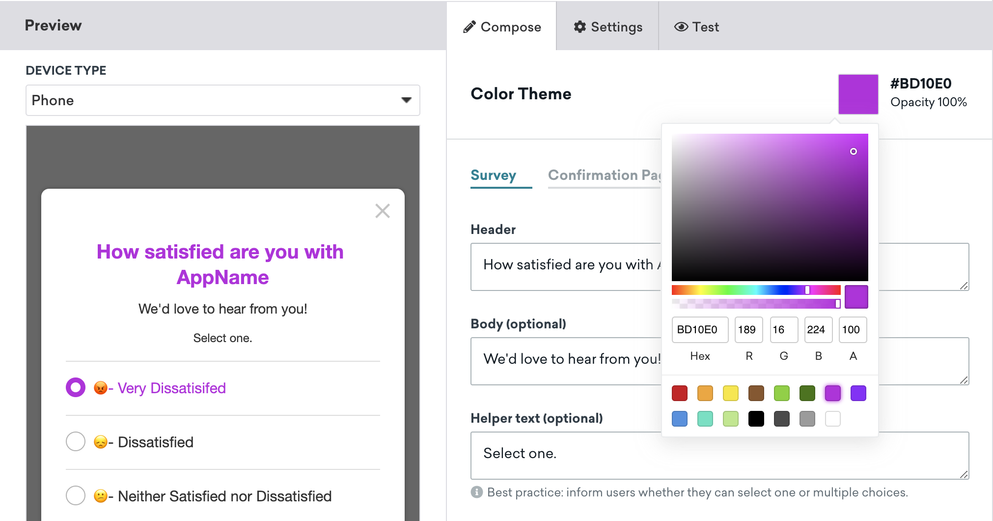 Compose tab of the simple survey editor with the Color Theme picker expanded after a user has clicked on the color palette.