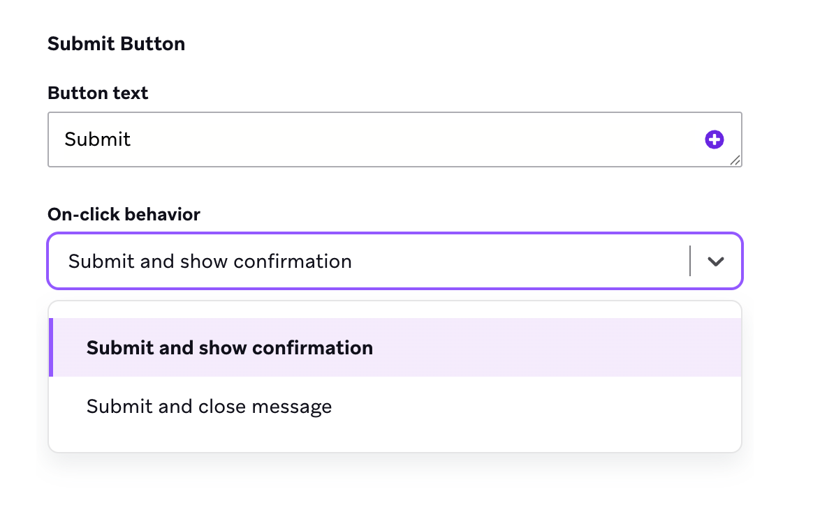 On-click behavior set to "Submit responses and display confirmation page".