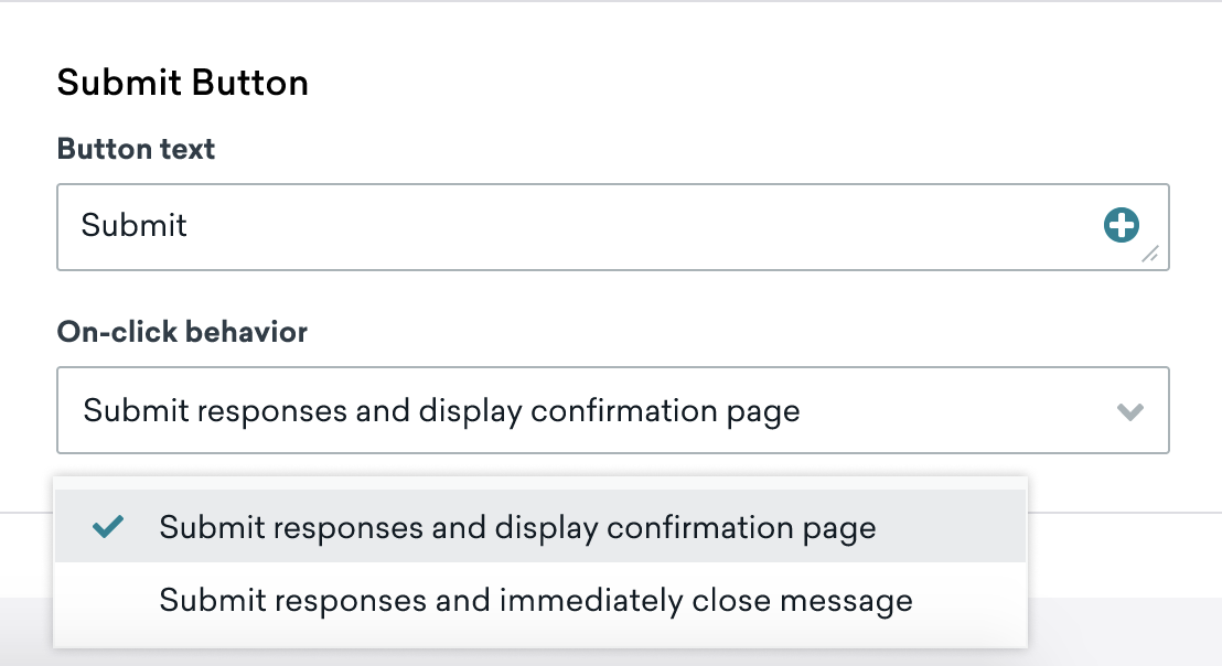 On-click behavior set to "Submit responses and display confirmation page".