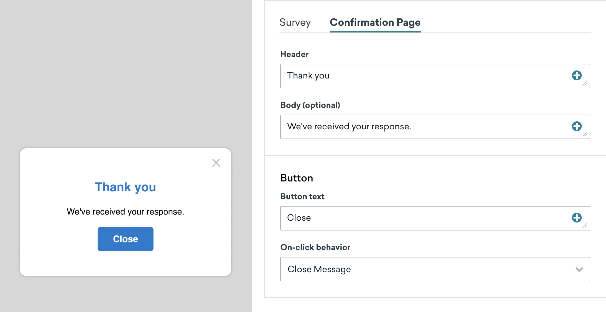 Confirmation Page tab of the simple survey editor. The available fields are header, optional body, button text, and button on-click behavior.