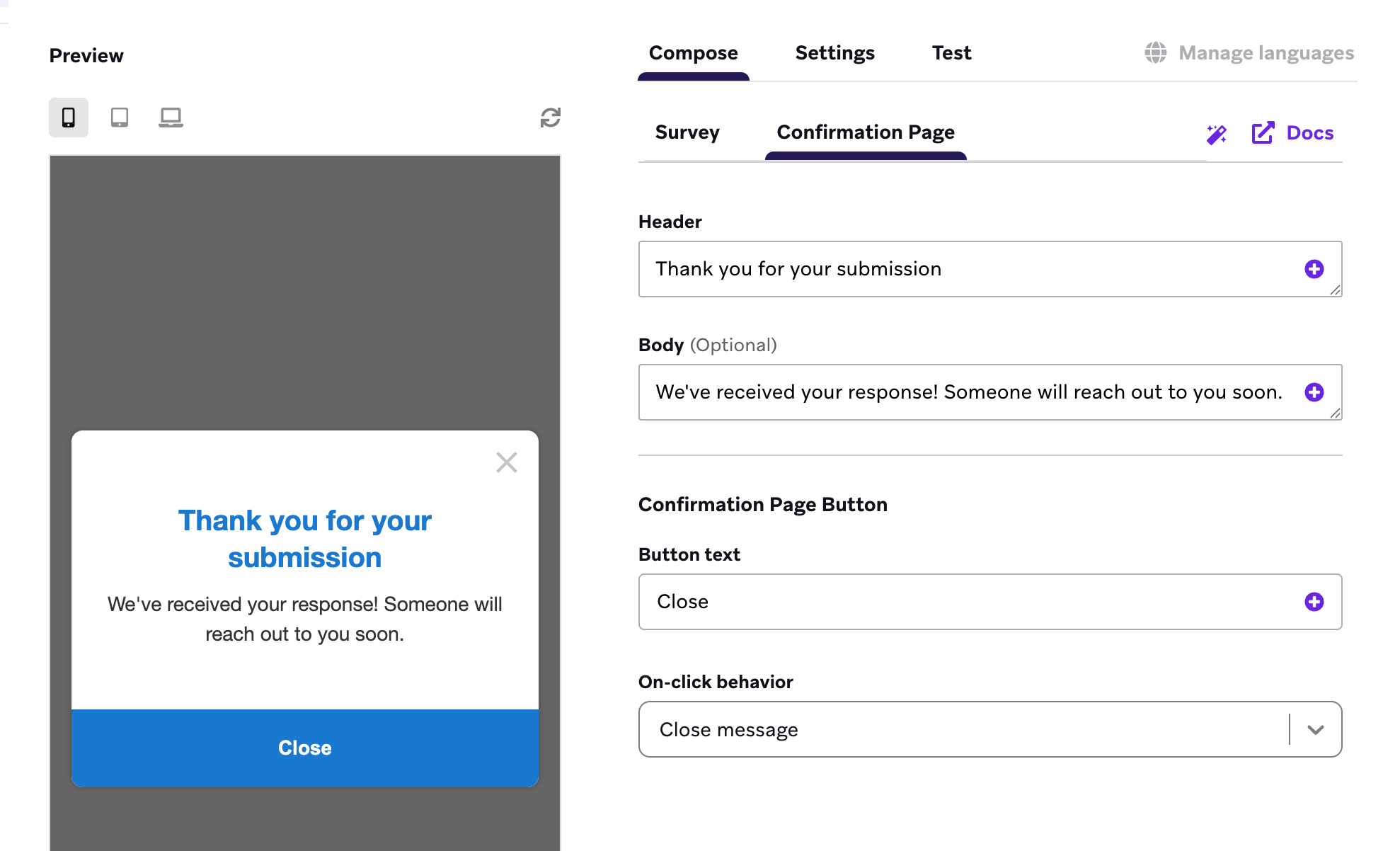 Confirmation Page tab of the simple survey editor. The available fields are header, optional body, button text, and button on-click behavior.