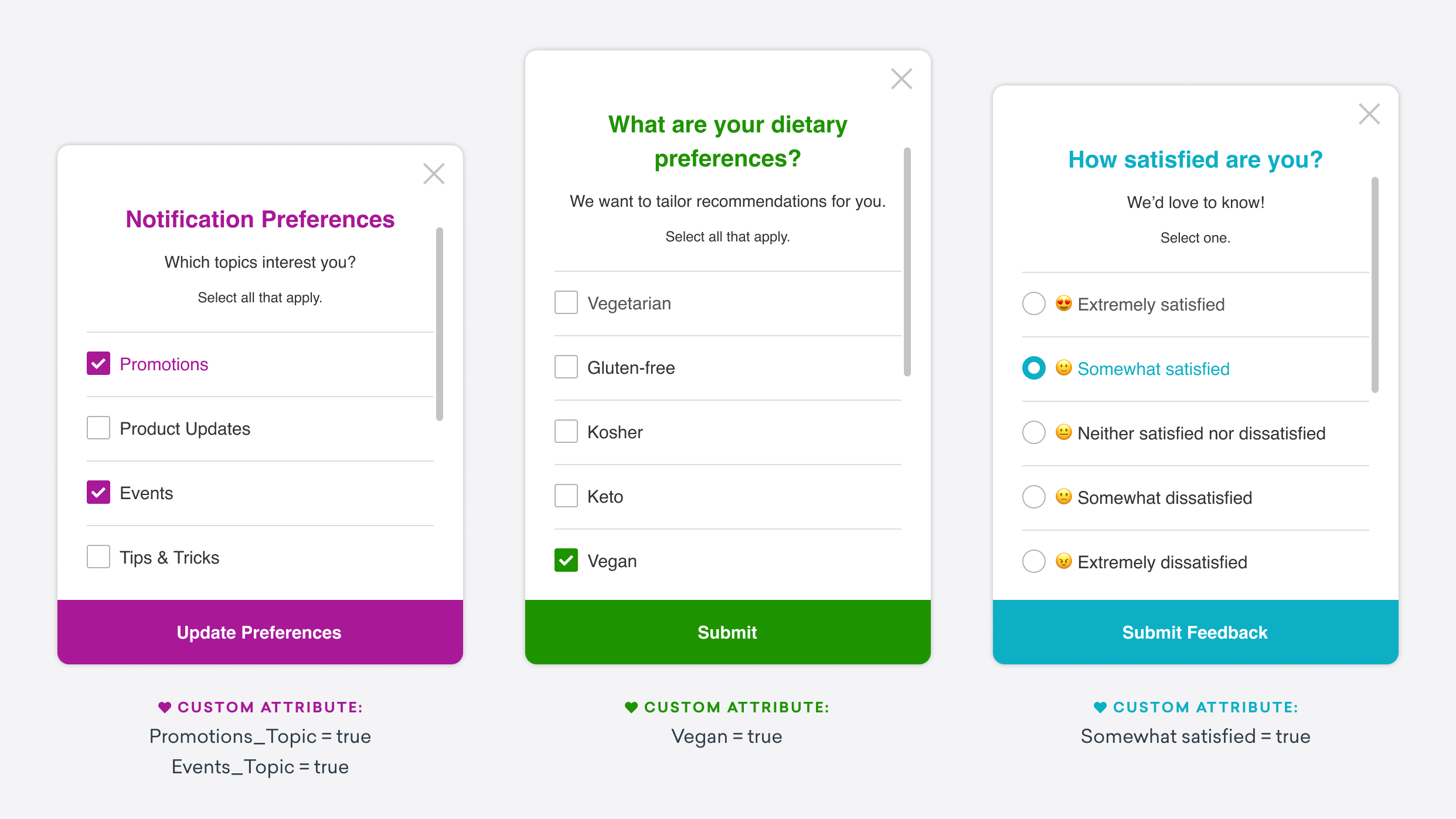 Three simple survey messages: notification preferences, dietary preferences, and a customer satisfaction survey. The selected options in the surveys correspond to custom attributes that will be logged for that user.