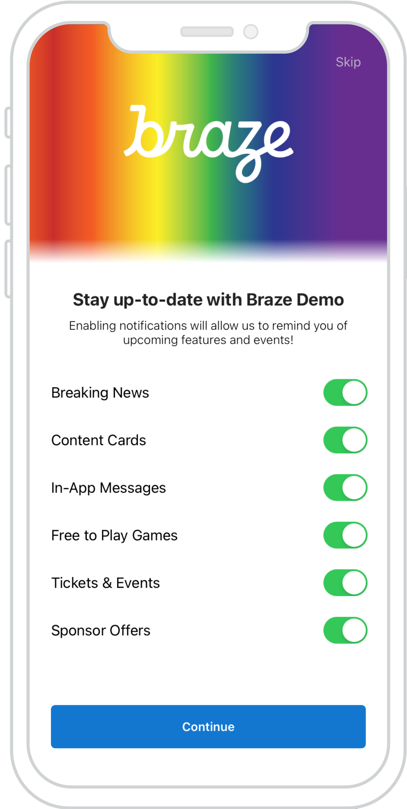 An in-app message that displays a list of configuration options with toggles beside each option. At the bottom of the message, there is a large blue submit button.