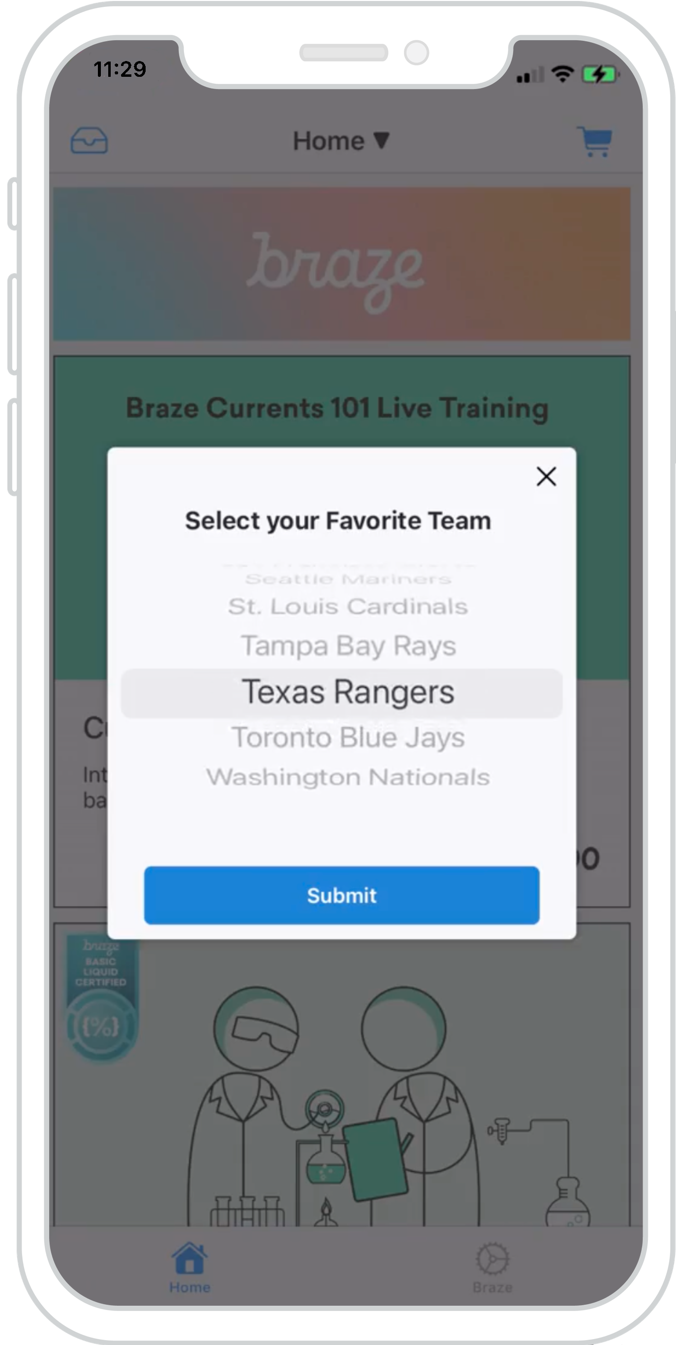 An iPhone showing a modal in-app message that allows you to cycle through a list of sports teams and select your favorite one. At the bottom of this in-app message, there is a large blue submit button.
