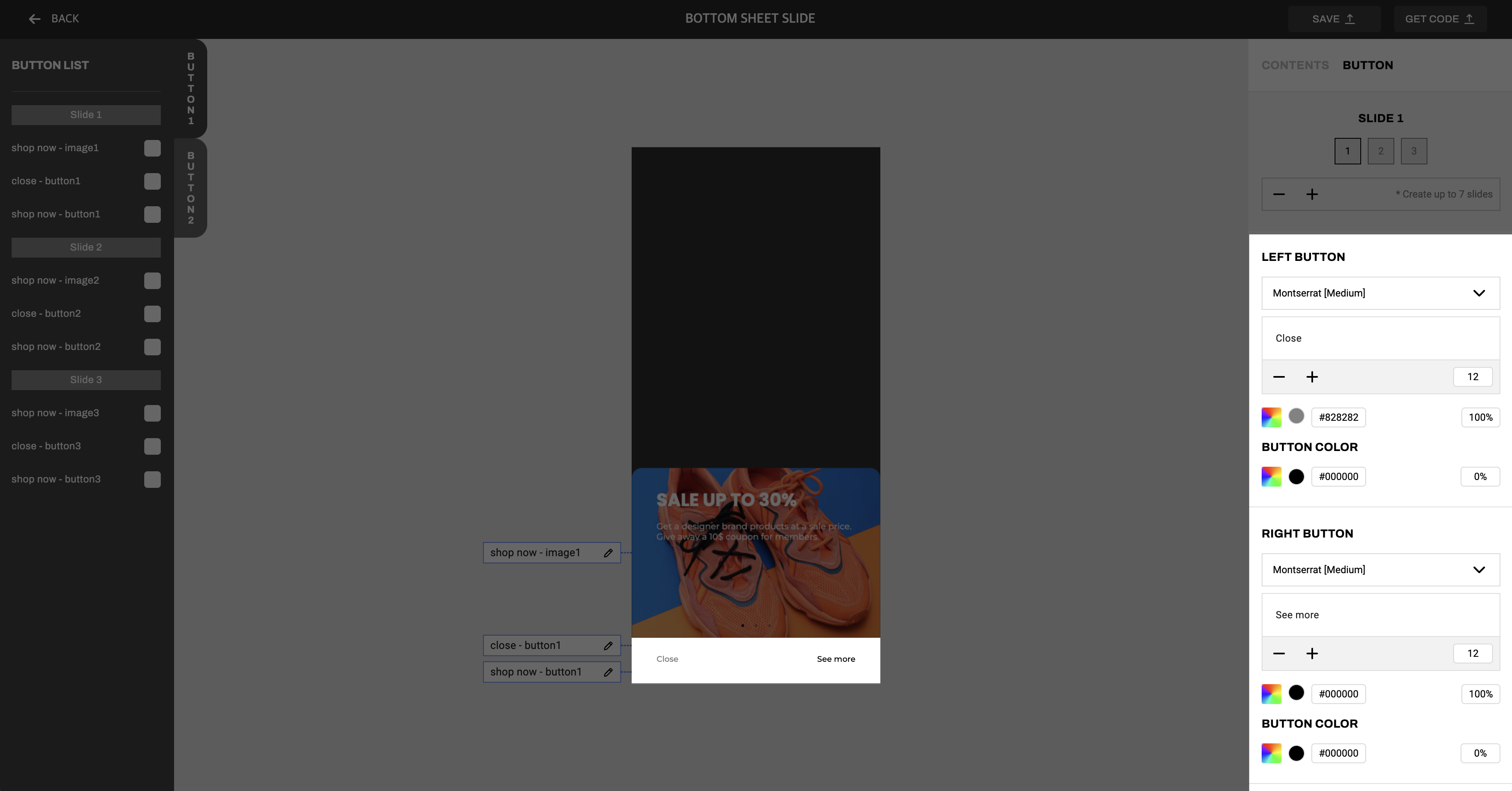The IAM Studio UI showing the options to customize the main, left and right button. These options include color, deep link, text, and formatting.