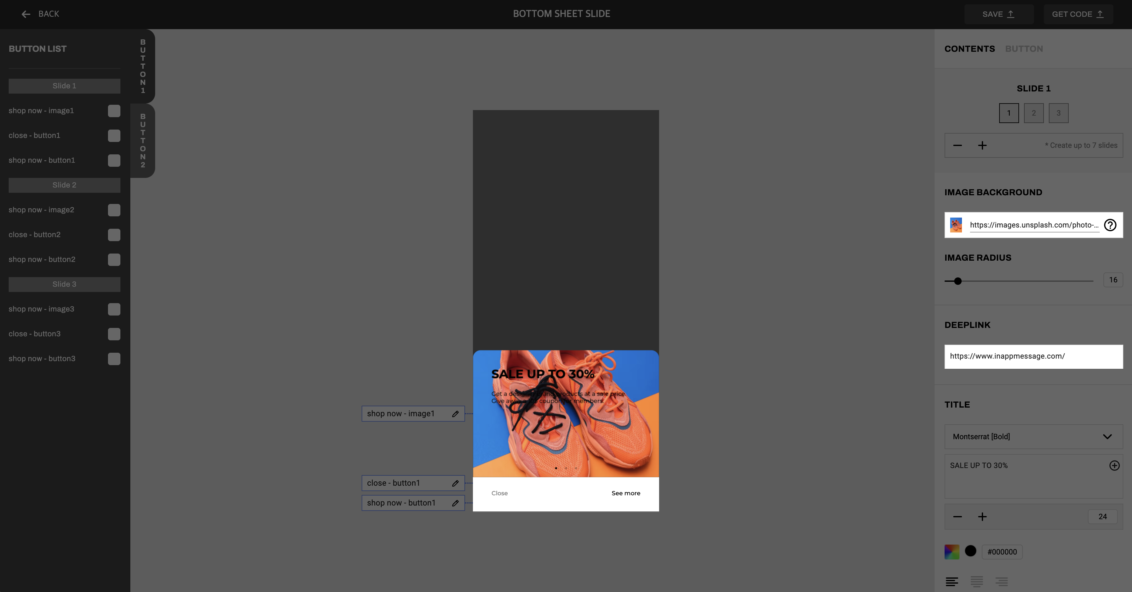 The IAM Studio UI showing the options to customize the image. These options include the image, image radius, and image dimmed.