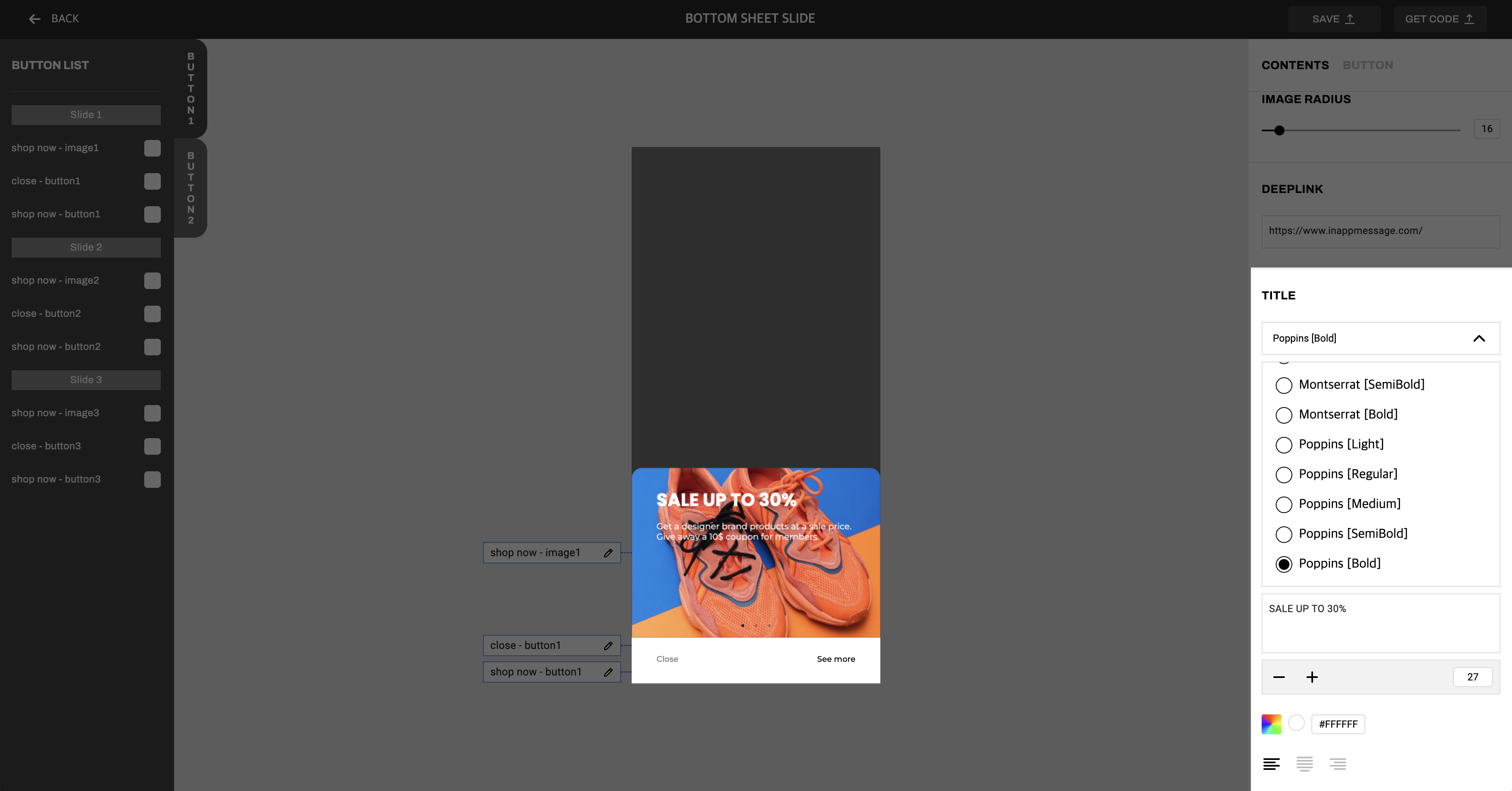 The IAM Studio UI showing the options to customize the title and subtitle of your message. These options include text, formatting, and font.