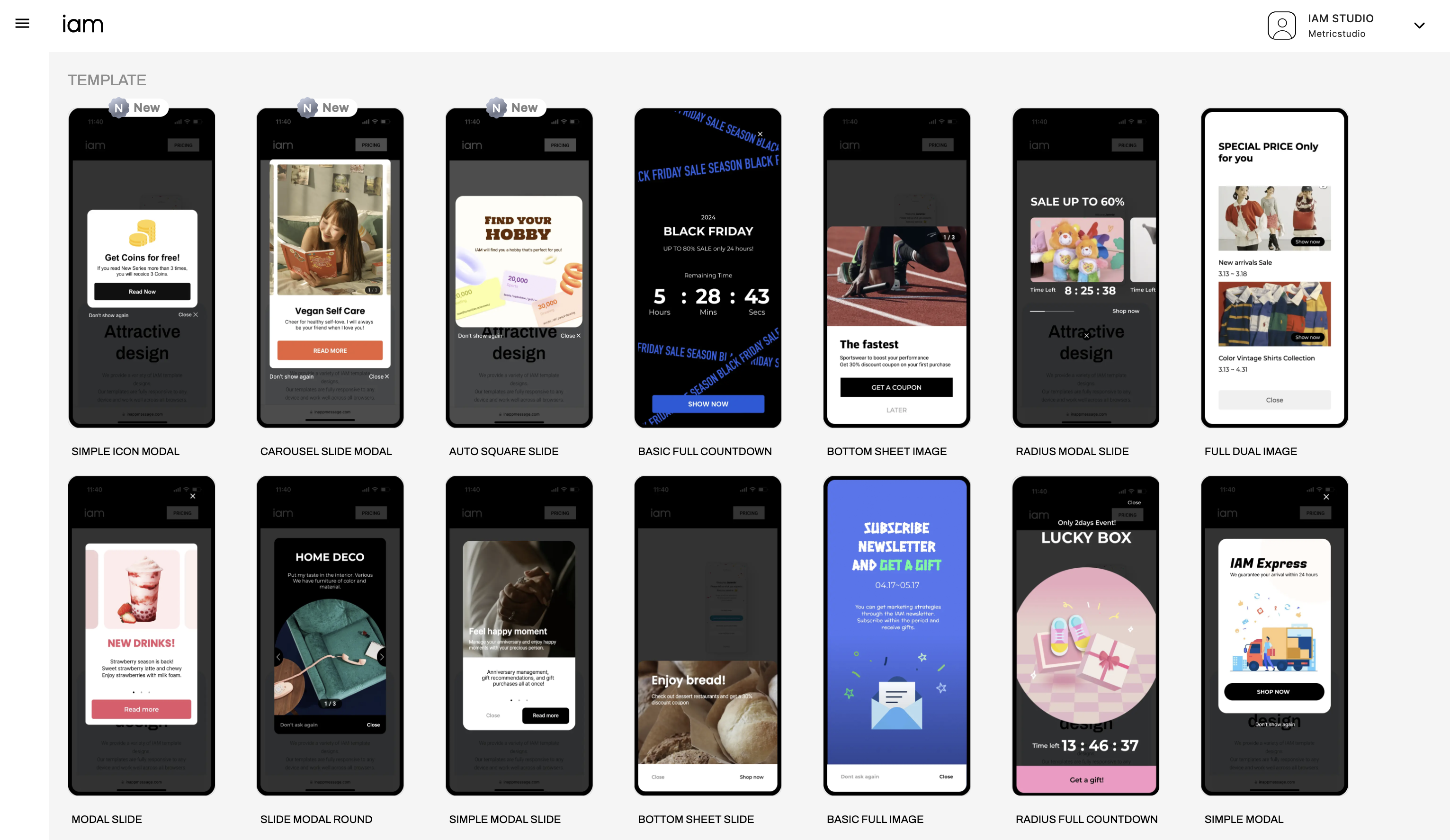 The IAM Studio template gallery shows different templates such as "carousel slide modal", "simple icon modal", "modal full image", and more.