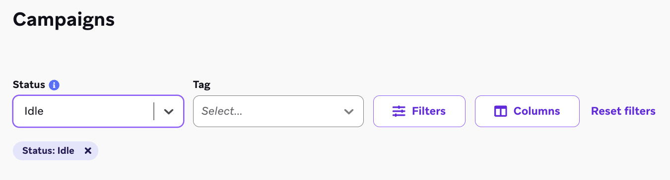The "Idle" filter on the Campaigns page.