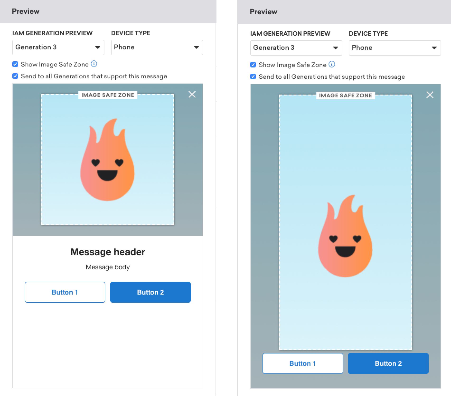Previewing an in-app message in Braze with "Show Image Safe Zone" enabled. The image safe zone is an overlay over the image that visualizes what parts of the image will be safe from cropping.