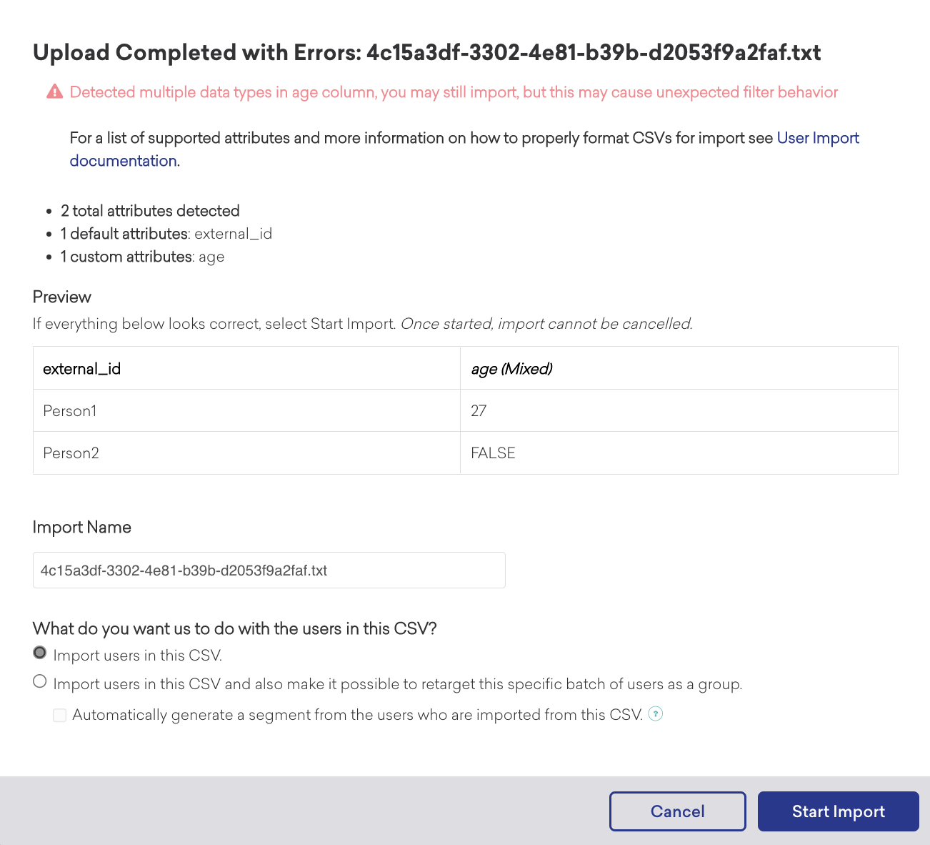 CSV upload completed with errors involving mixed data types in a single column