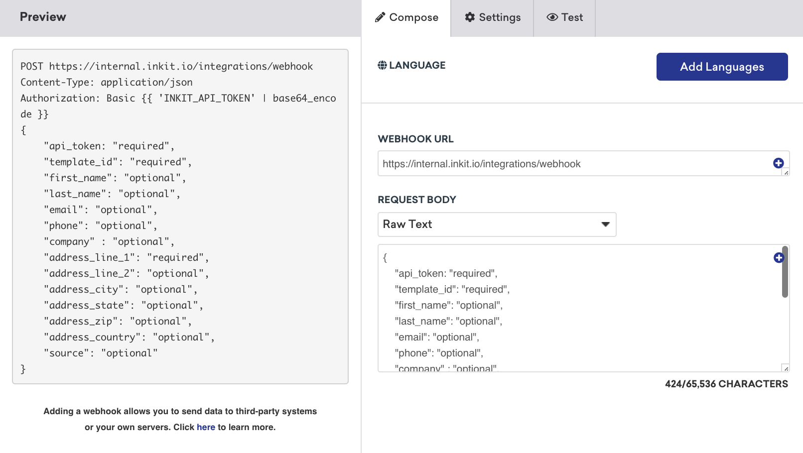 Request body code and webhook URL shown in the Braze webhook builder compose tab.