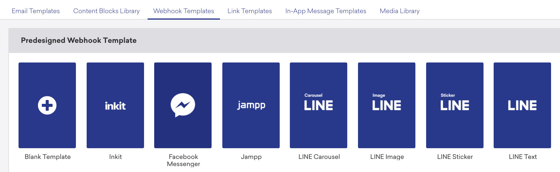 A selection of available predesigned webhook templates in the Webhook Templates tab of the Templates & Media section.