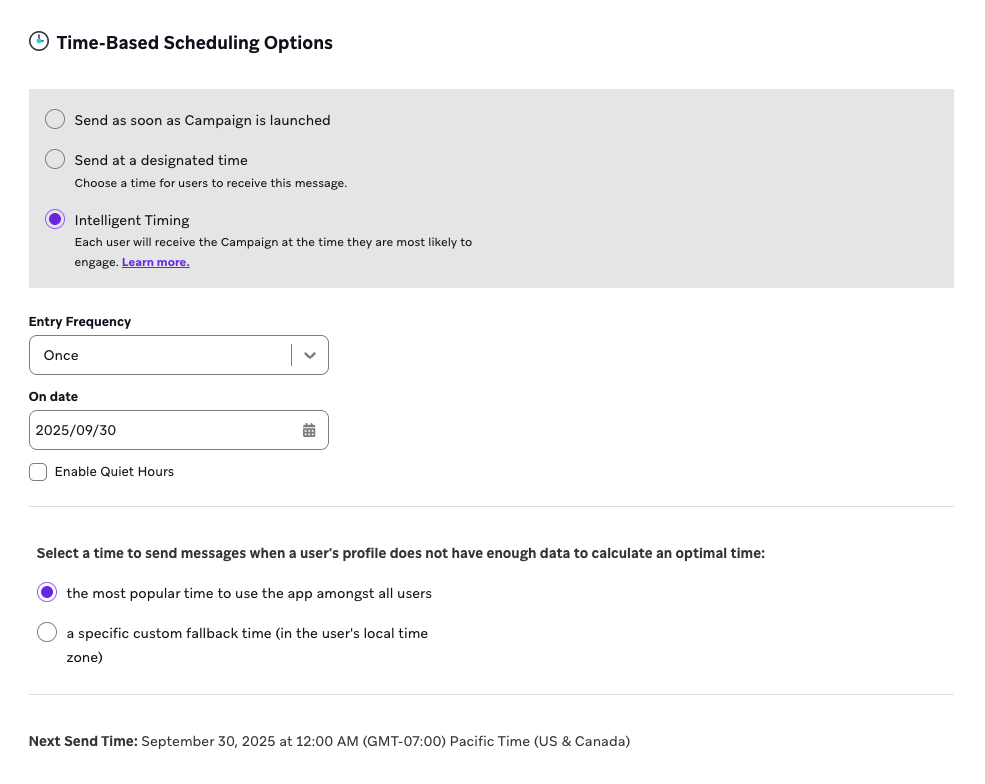 Campaign scheduling screen showing Intelligent Timing with fallback time and Quiet Hours settings