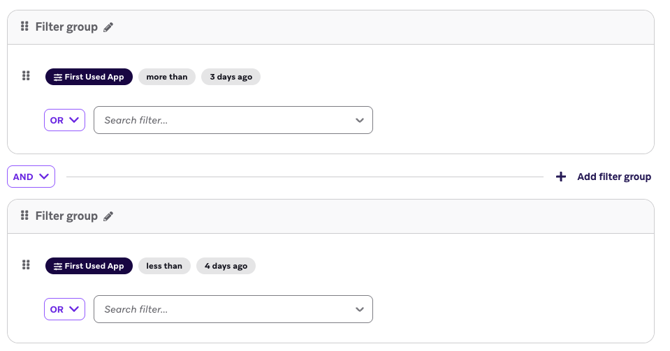 Filters for the target audience where the campaign targets users who first used app between 1 and 4 days ago.