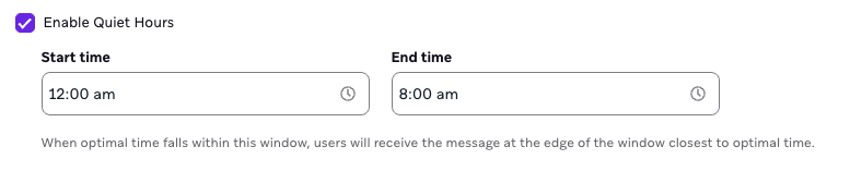 Quiet Hours toggle turned on with start and end time set to block message delivery overnight