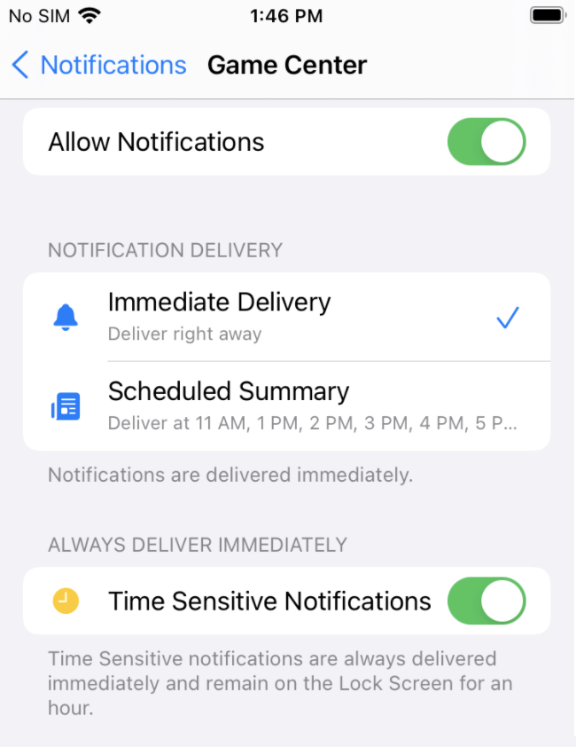 iOS Notification Settings page that shows notifcations enabled for immediate delivery and with time sensitive notifications enabled.