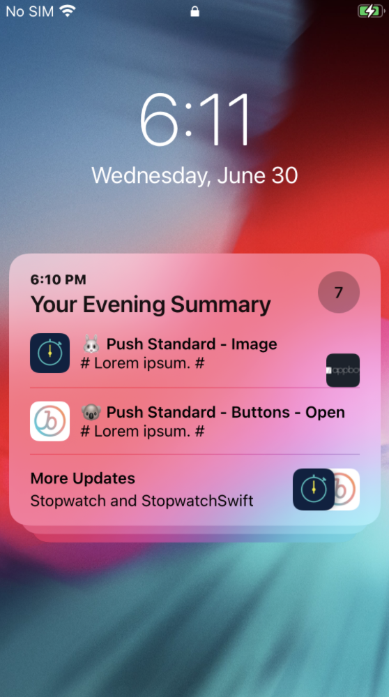 A notification summary for iOS titled "Your Evening Summary" with three notifications.