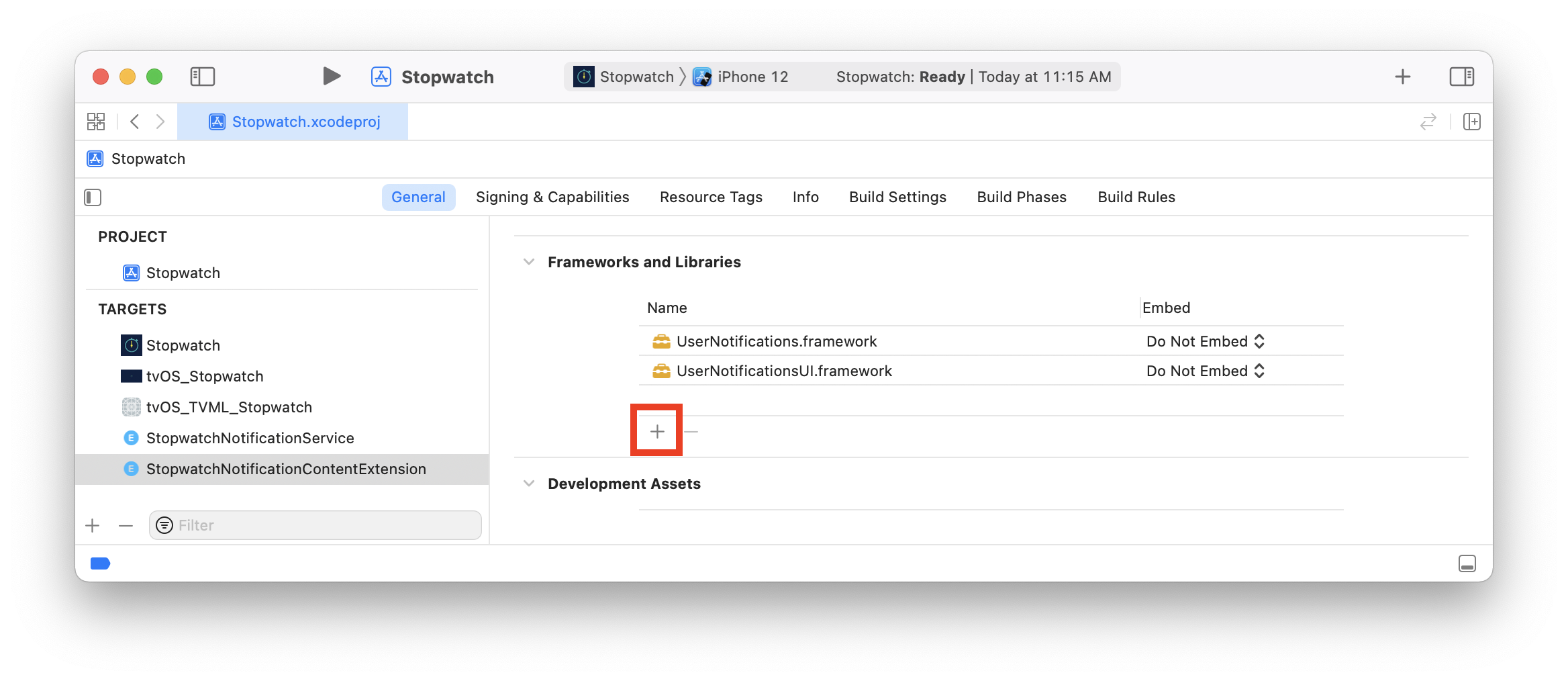 In Xcode, under frameworks and libraries, select the "+" icon to add a framework.