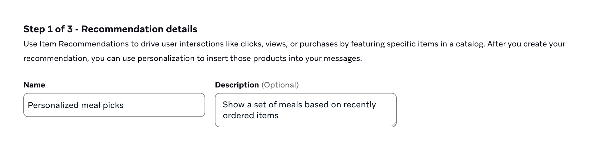 "Recommendation details" step with the name and description fields.