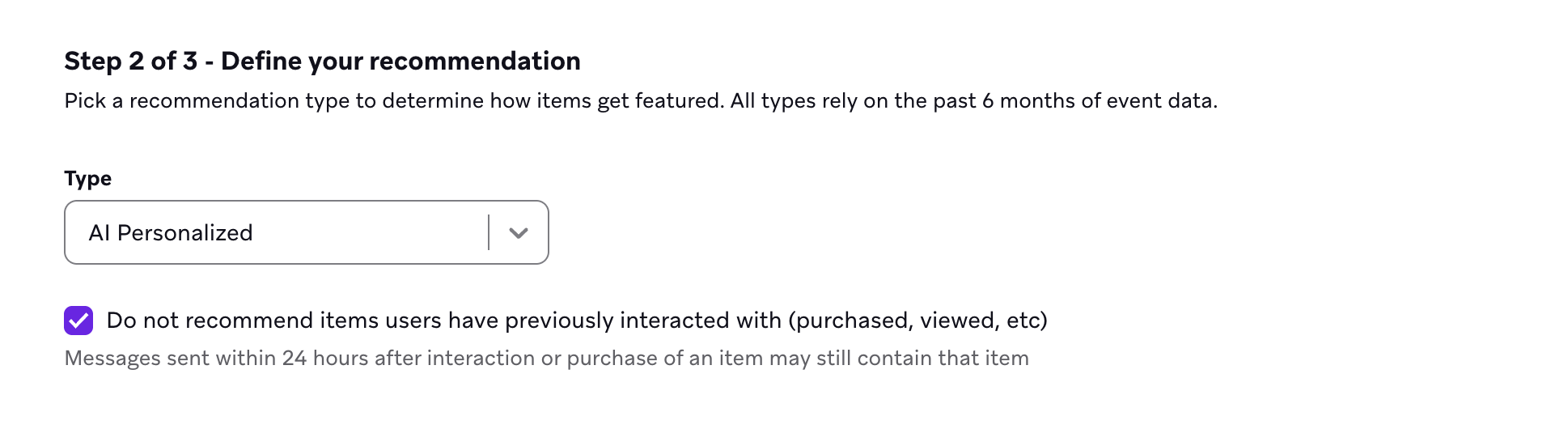 "Define your recommendation" step with "AI Personalized" as the type and the "Do not recommend items users have previously interacted with" option selected.
