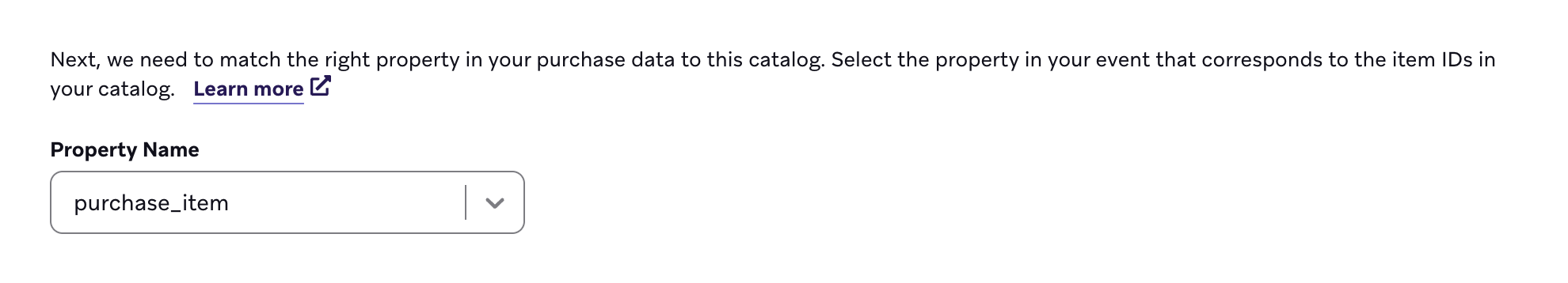 The property name "purchase_item" selected that corresponds to the item IDs in the catalog.