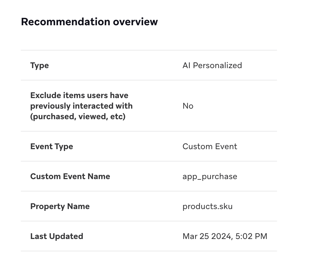 Recommendation overview table displaying type, catalog, event type, custom event name, property name, and last updated date.