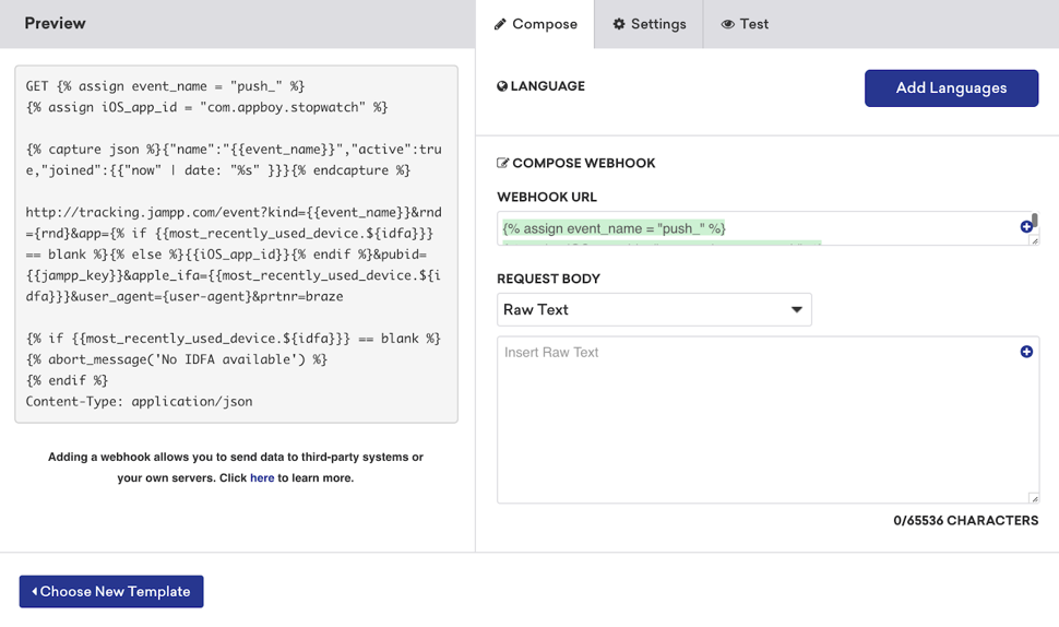 The webhook URL and message preview shown in the Braze webhook builder.