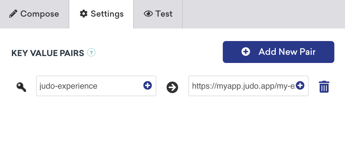 This image shows the one key-value pair needed for this integration with the "key" being "judo-experience", and the "value" being your Judo link.