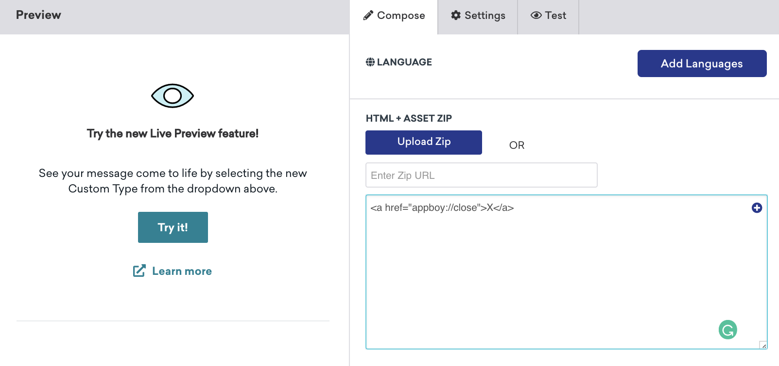 An image showing the form validation code added to the compose step of your campaign.