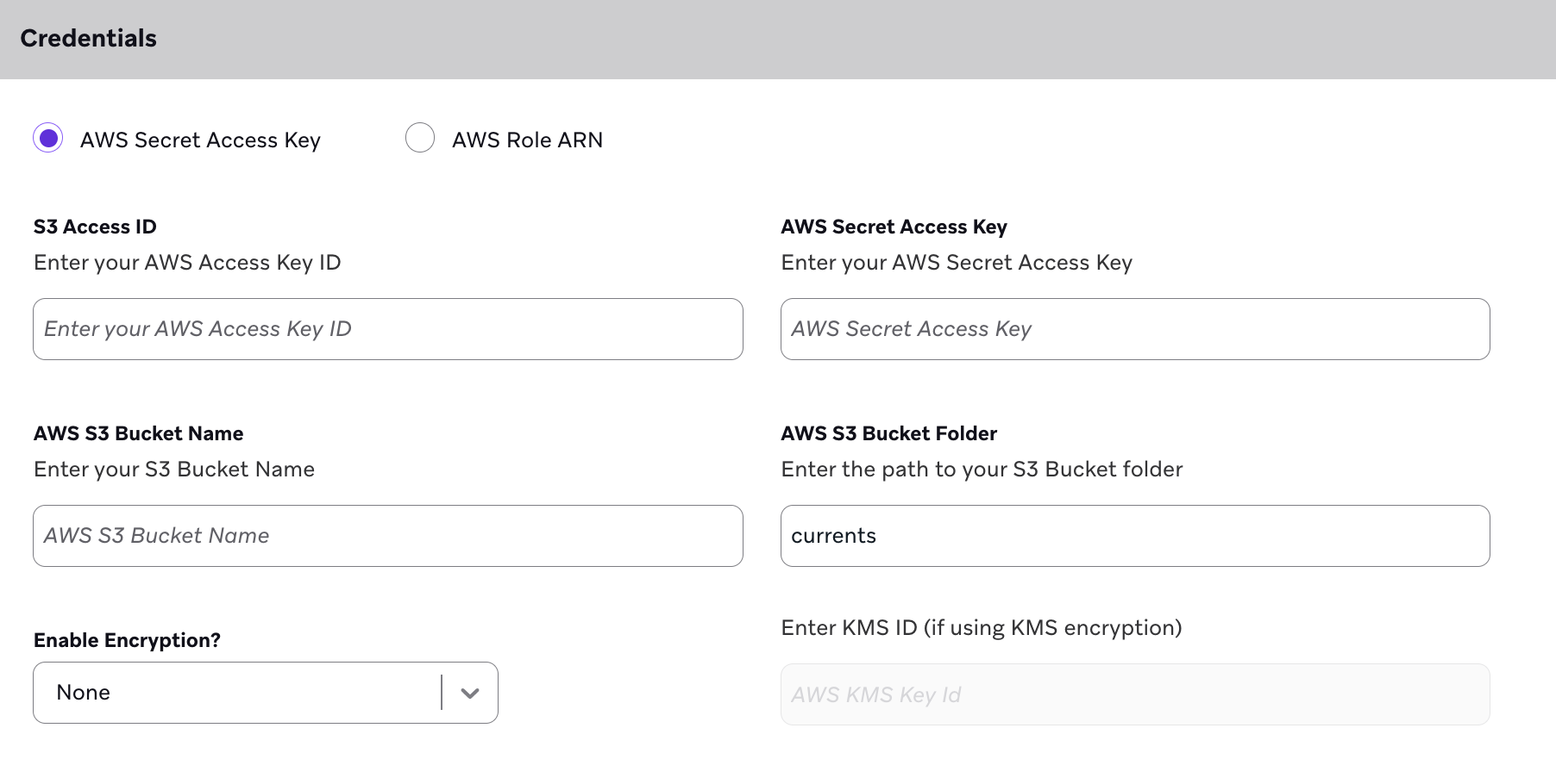 "Credentials" section for the AWS secret access key.