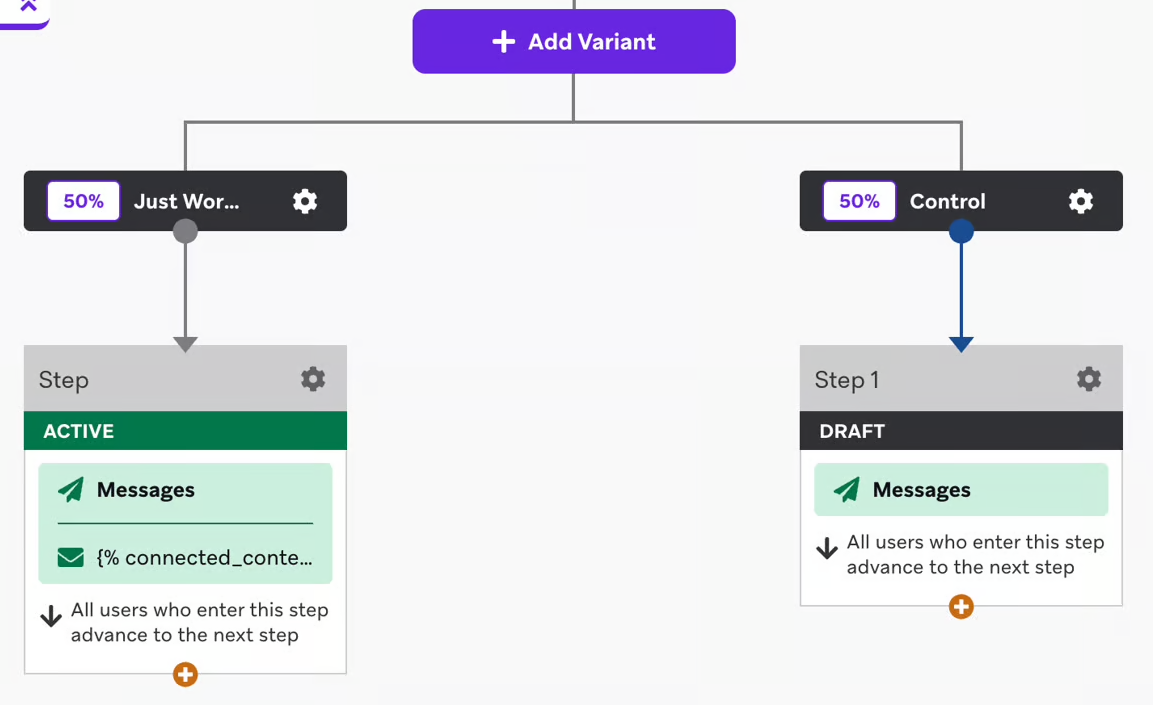 Braze A/B test Canvas setup.
