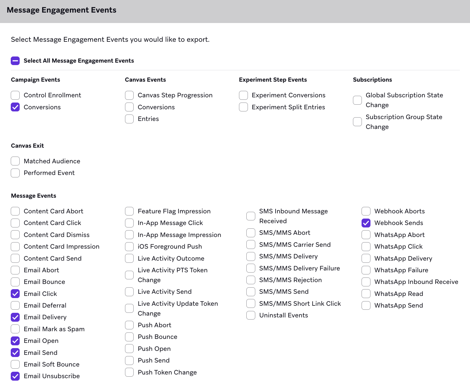 "Message Engagement Events" section with events to select.