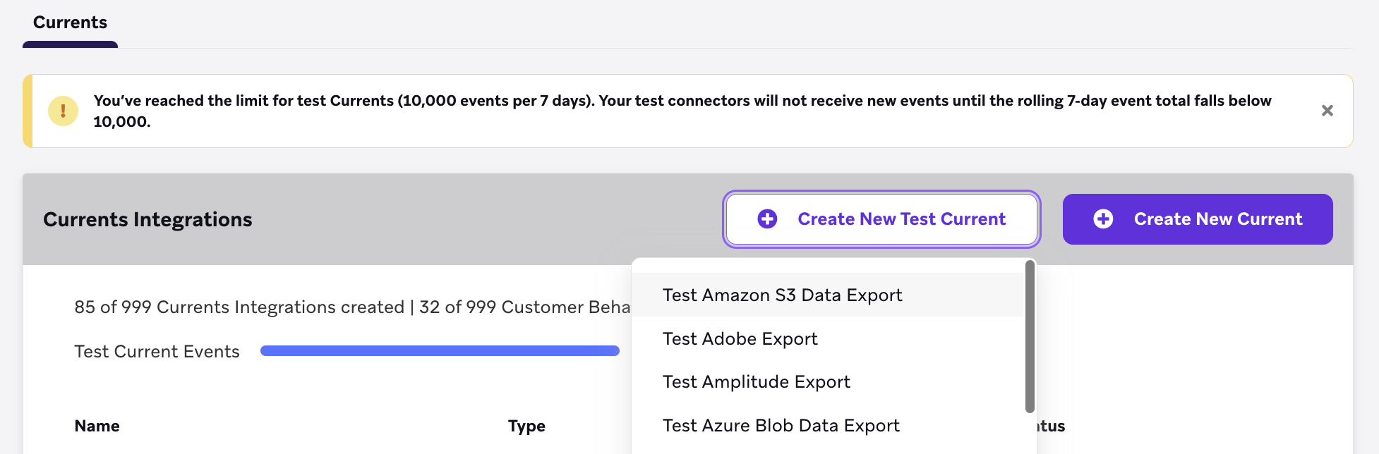 "Create New Test Current" dropdown with the option of "Test Amazon S3 Data Export".