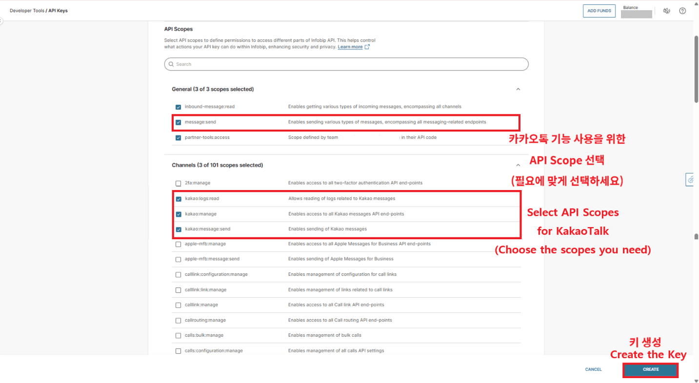 Infobip Create API Key page showing the name, expiration date, and API scopes fields.