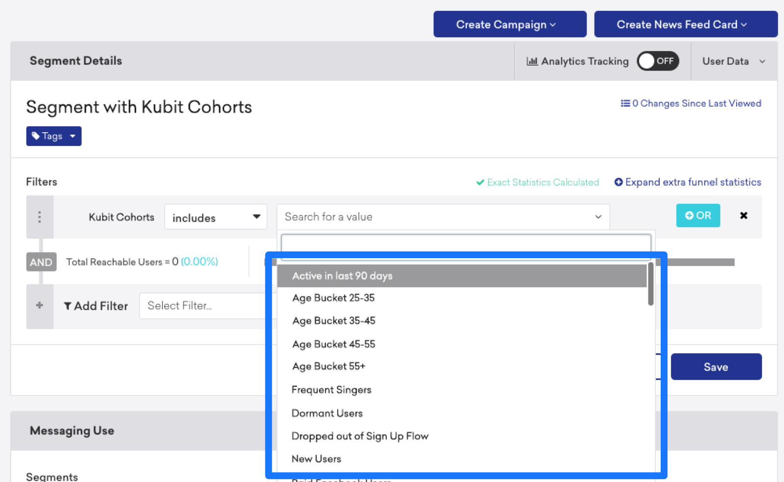 In the Braze segment builder, the user attribute "Kubit cohorts" is set to "includes_value" and shows a list of available cohorts.