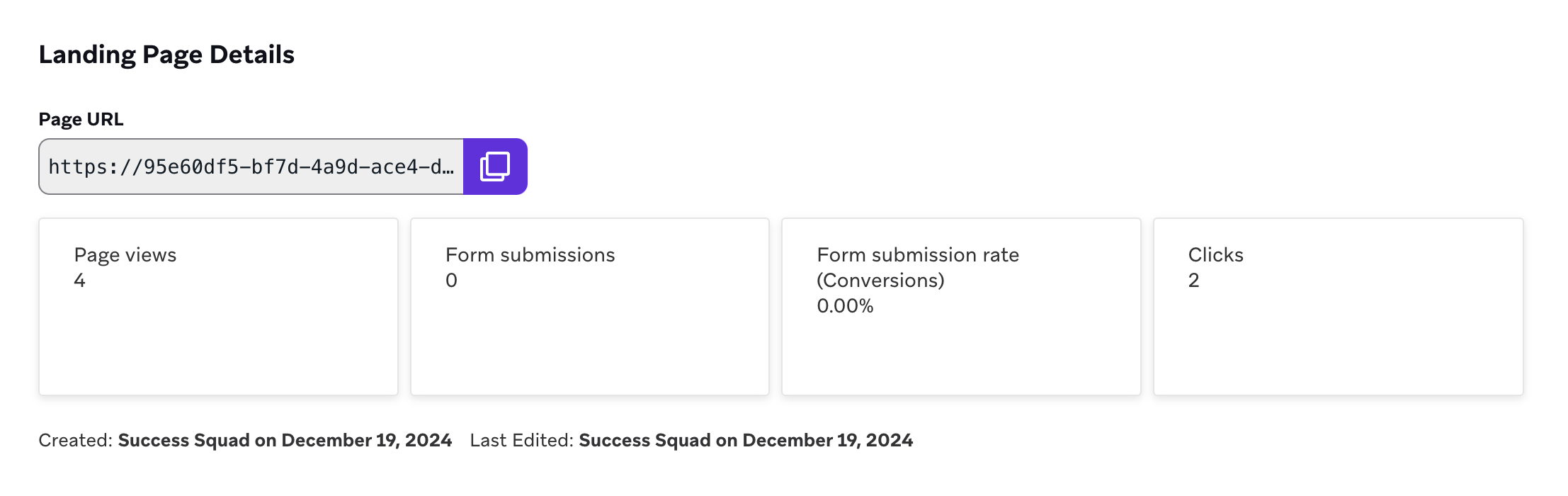 The analytics section for a landing page.