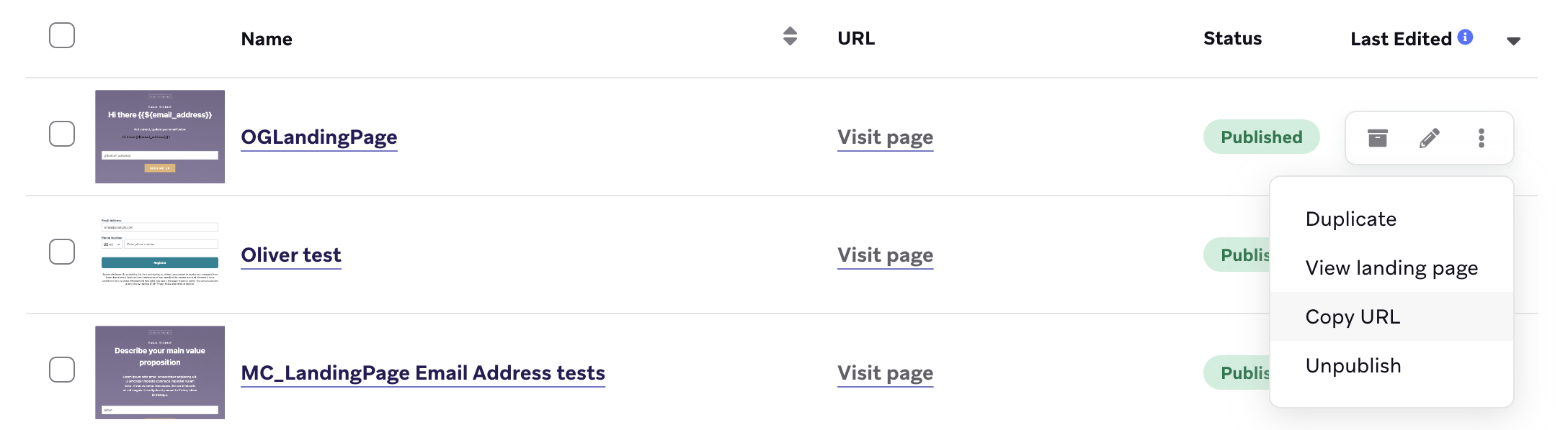 A landing page with the menu open to show the "Copy URL" option.