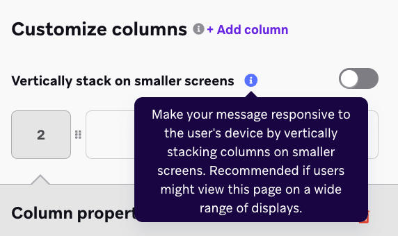 The "Vertically stack on smaller screens" toggle in the "Customize columns" section.