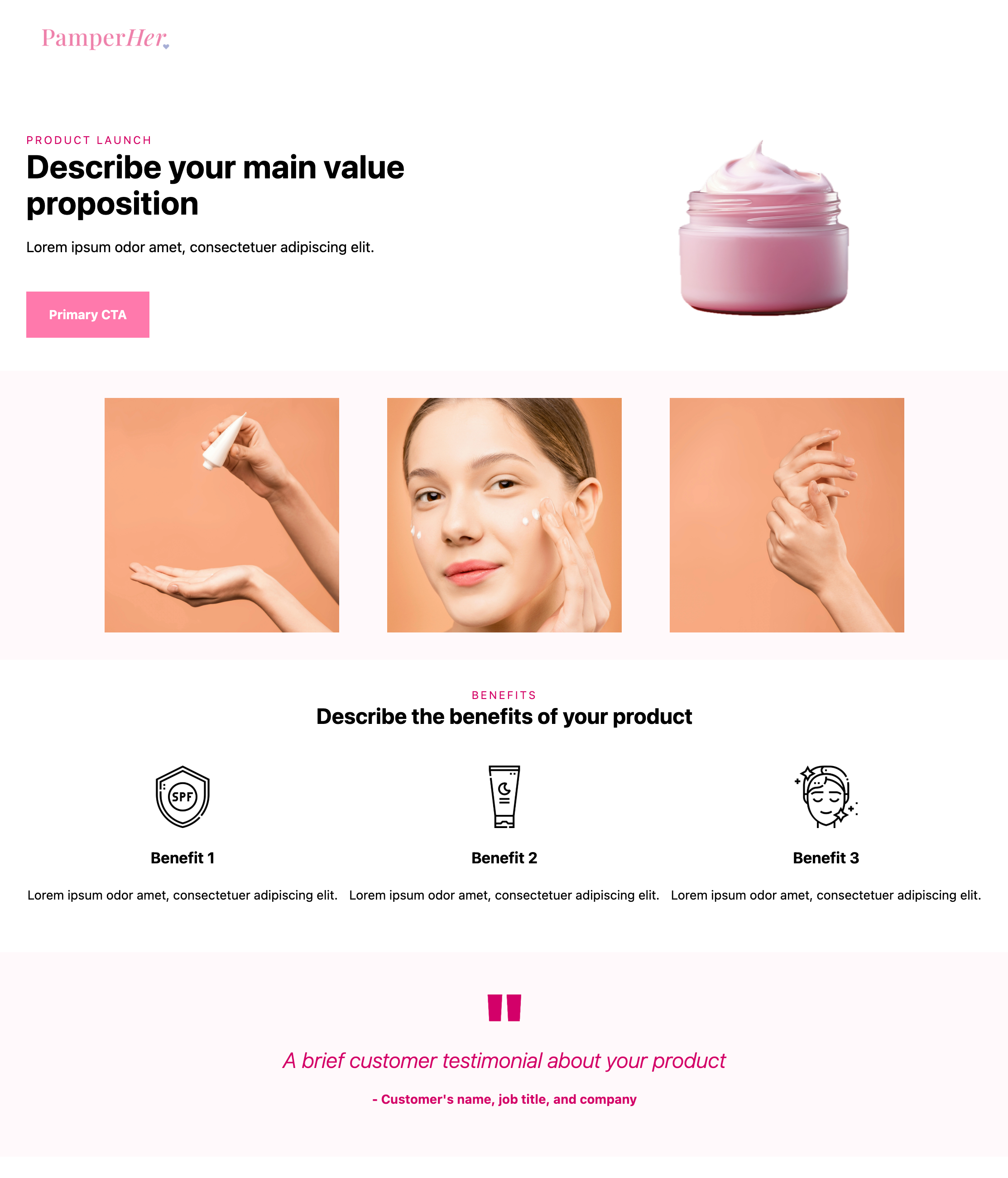 Skincare product launch landing page featuring benefits, images, and a customer testimonial layout.
