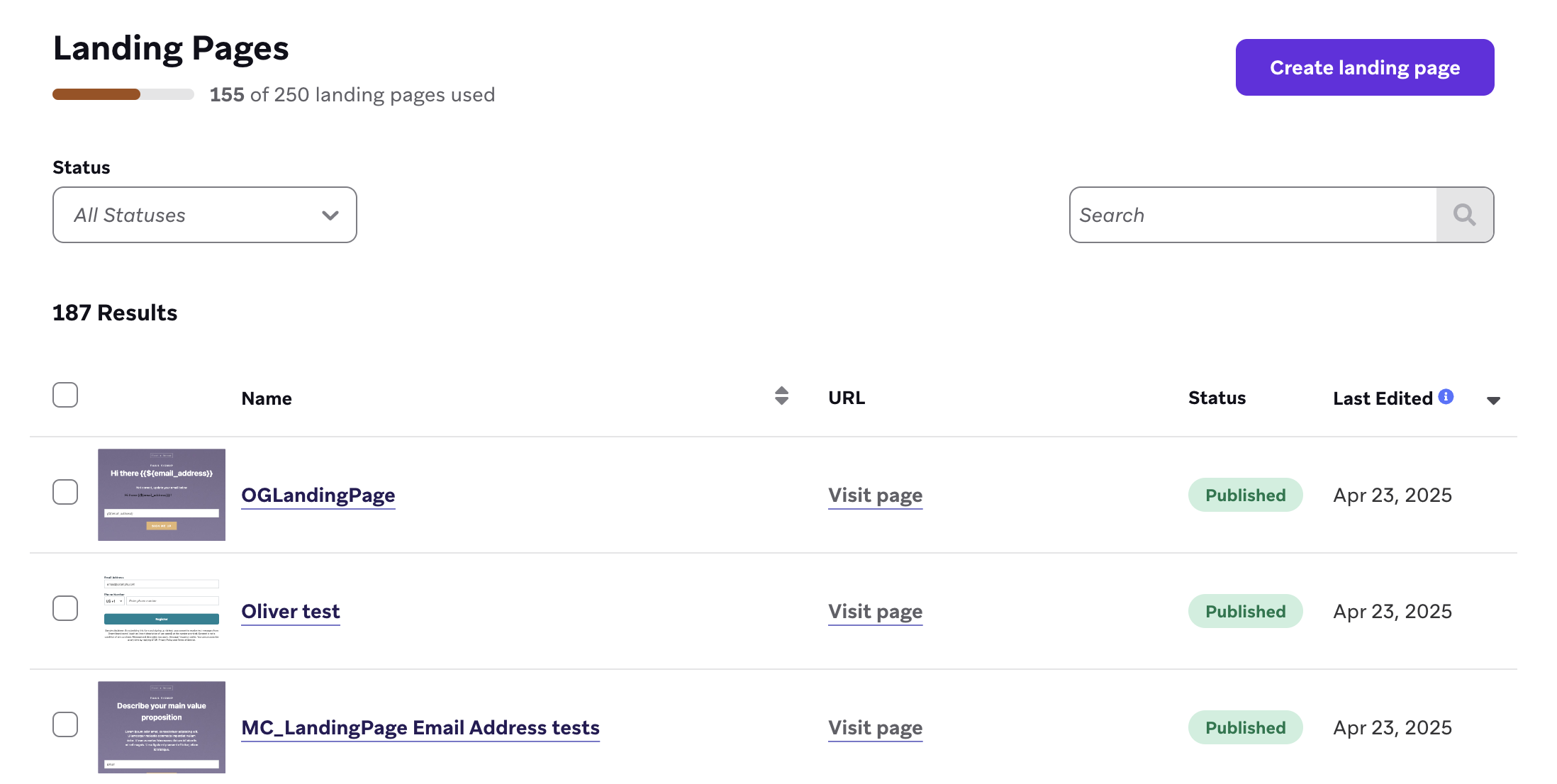 The landing pages section in the Braze dashboard.