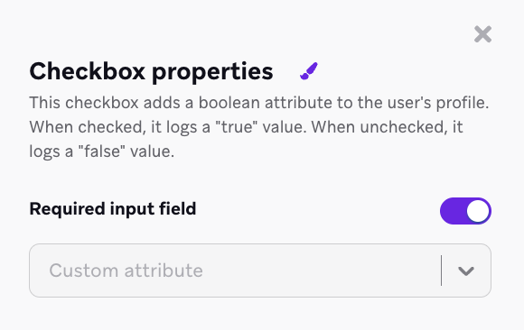 A checkbox form field with the "Required input field" toggle selected.