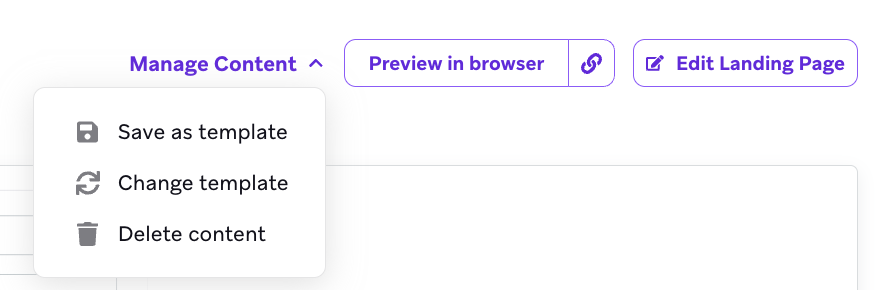 A dropdown with options to save, change, and delete a landing page.