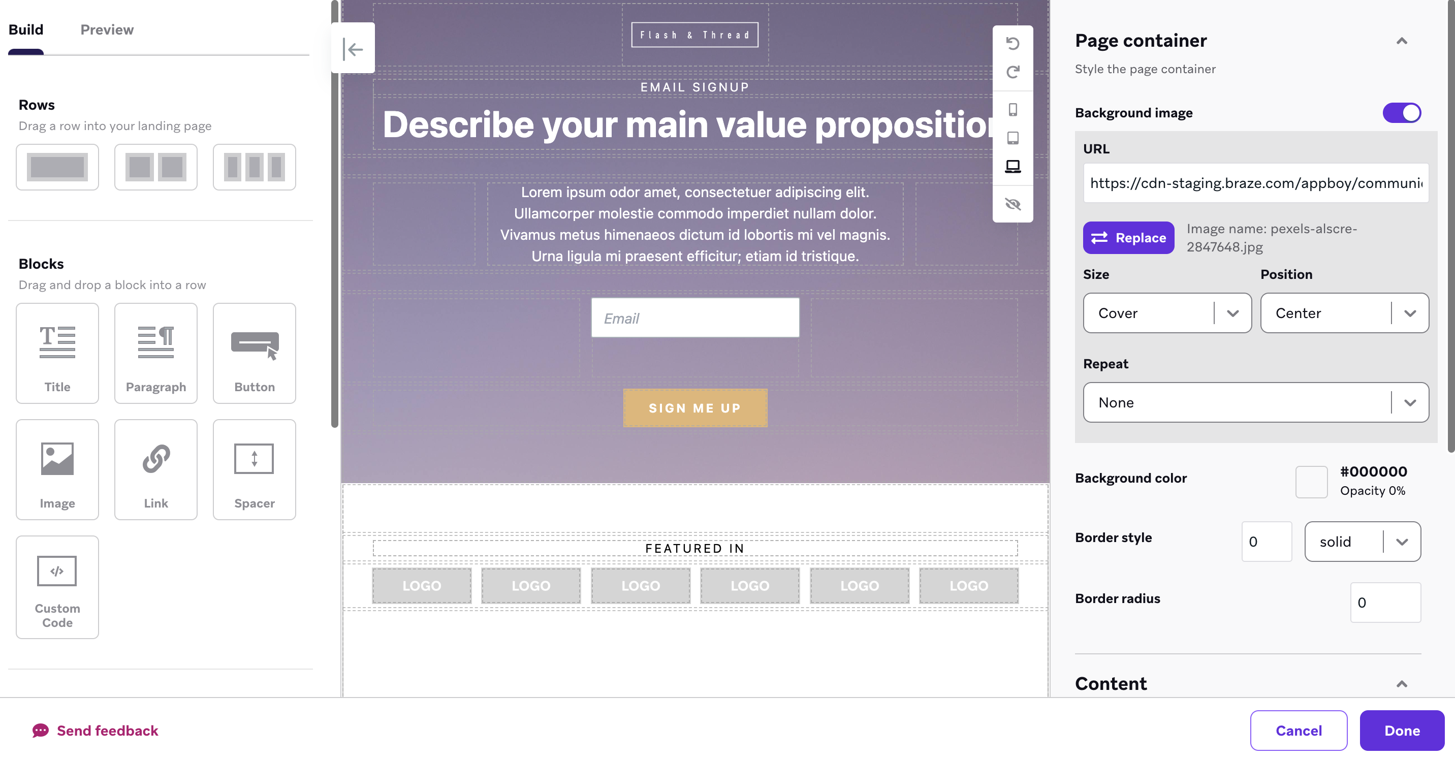 An example landing page being created in the drag-and-drop editor.